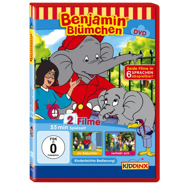 DVD-Cover von Benjamin Blümchen. Zeigt einen Elefanten und ein Mädchen. Rotes und blaues Farbschema mit Text.