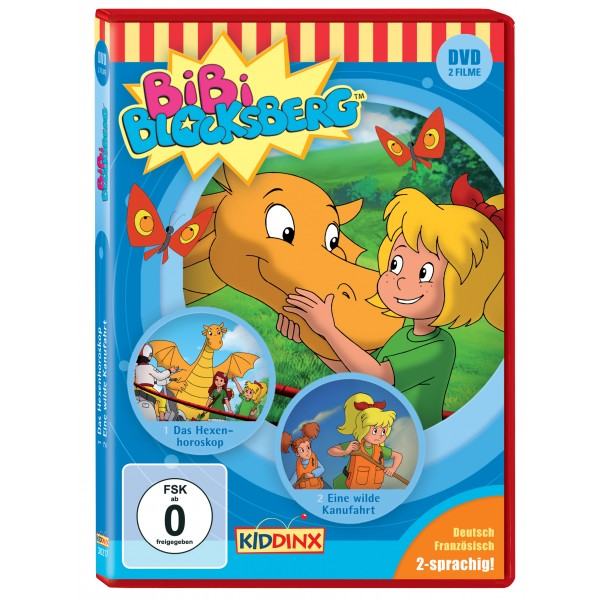 DVD-Cover von BiBi Blocksberg, mit Cartoon-Hexe und Drachen, blauem Hintergrund und zwei Schmetterlingen.