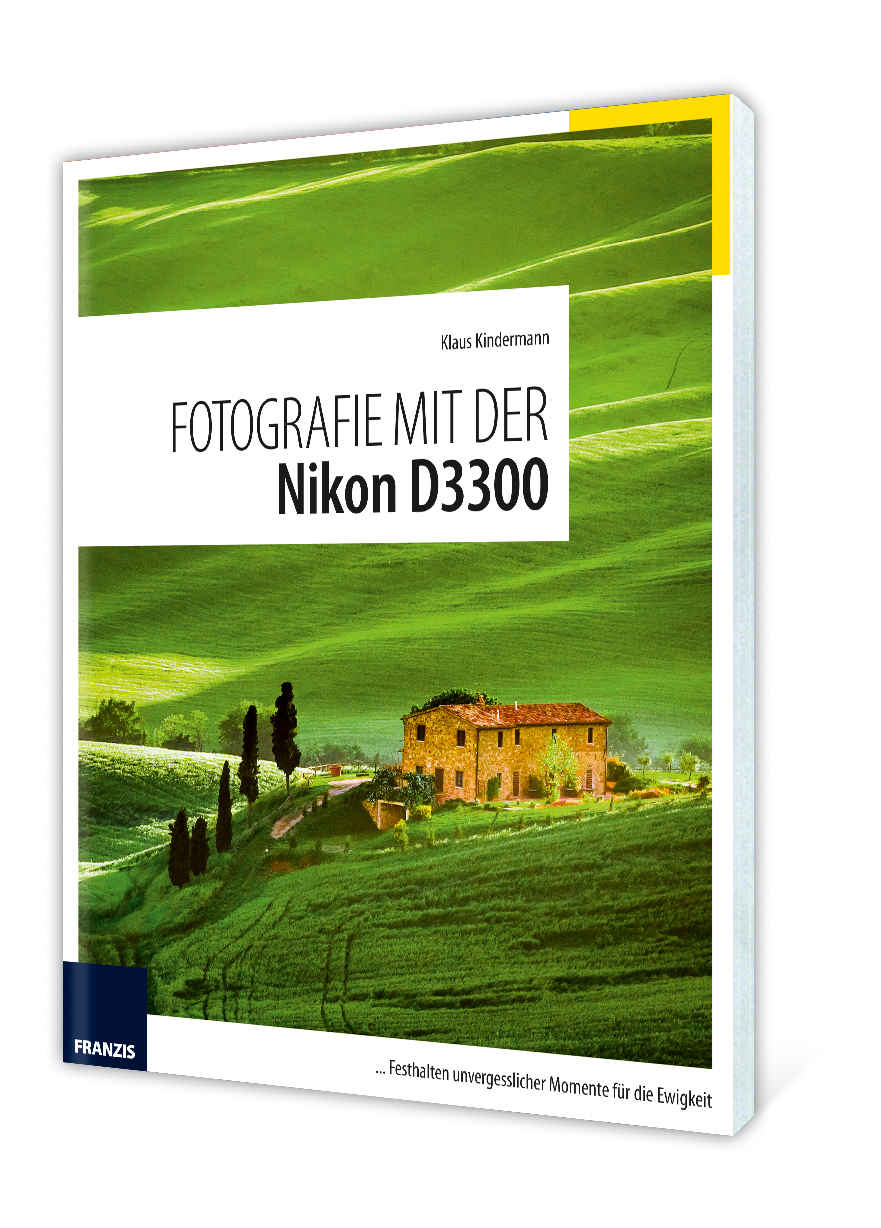 Buchcover: Grüne Felder, Haus, Titel 'Fotografie mit der Nikon D3300', Autorname.