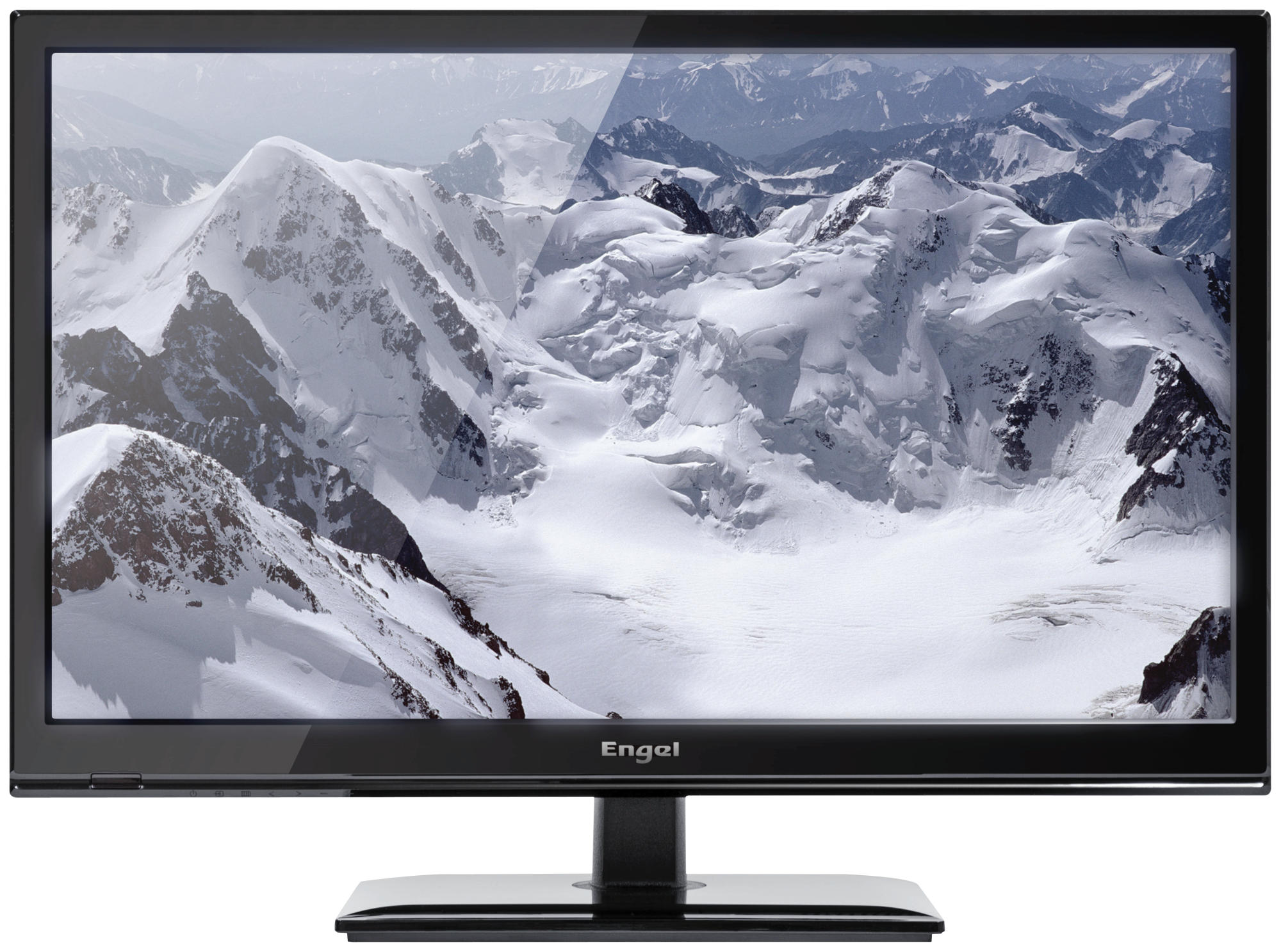 Un televisor negro con una escena de montaña nevada en la pantalla y un soporte negro.