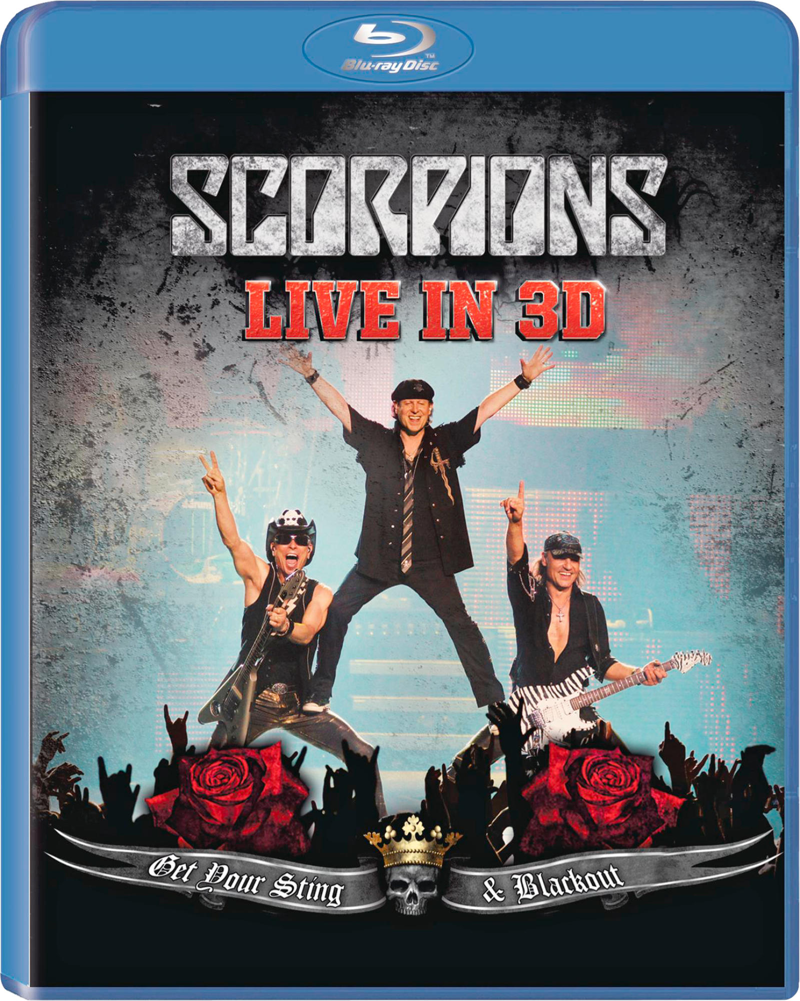 Blu-ray-Cover: Scorpions live in 3D. Bandmitglieder auf der Bühne, mit blauem und schwarzem Hintergrund.