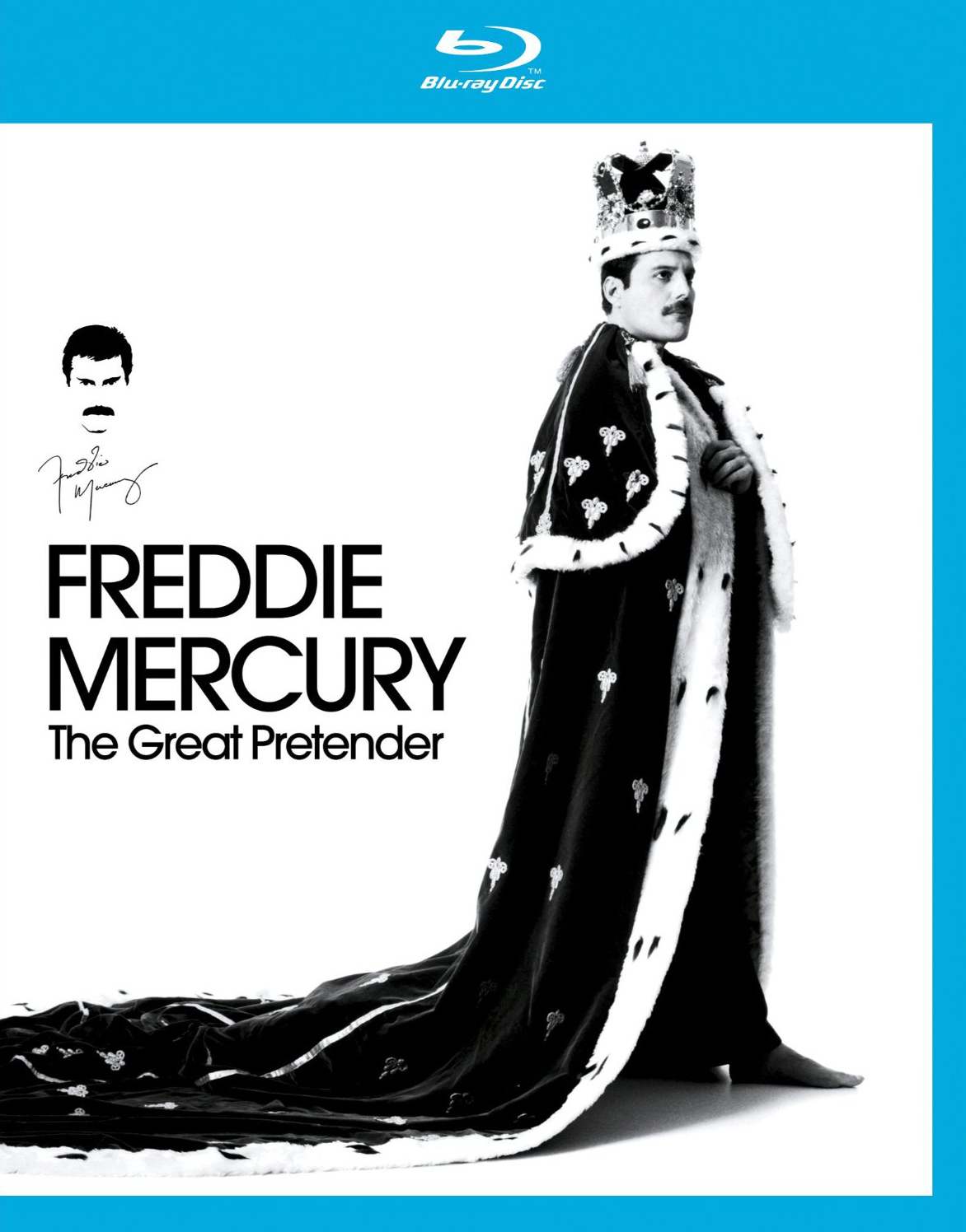 Freddie Mercury Blu-ray borítója, királyi öltözékben, szöveggel és fekete-fehér fotóval.