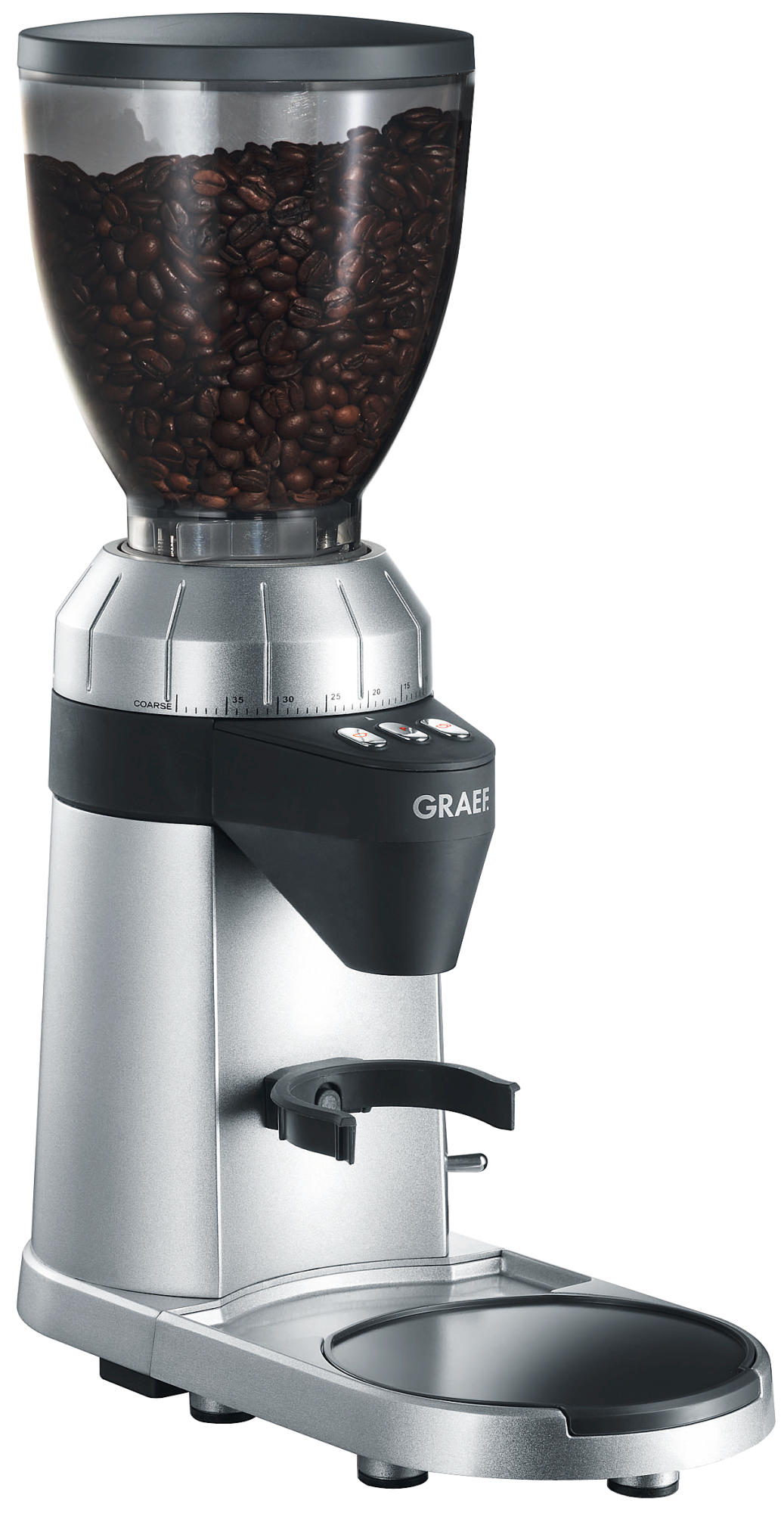 Eine silberne Kaffeemühle mit einem transparenten Bohnenbehälter oben.
