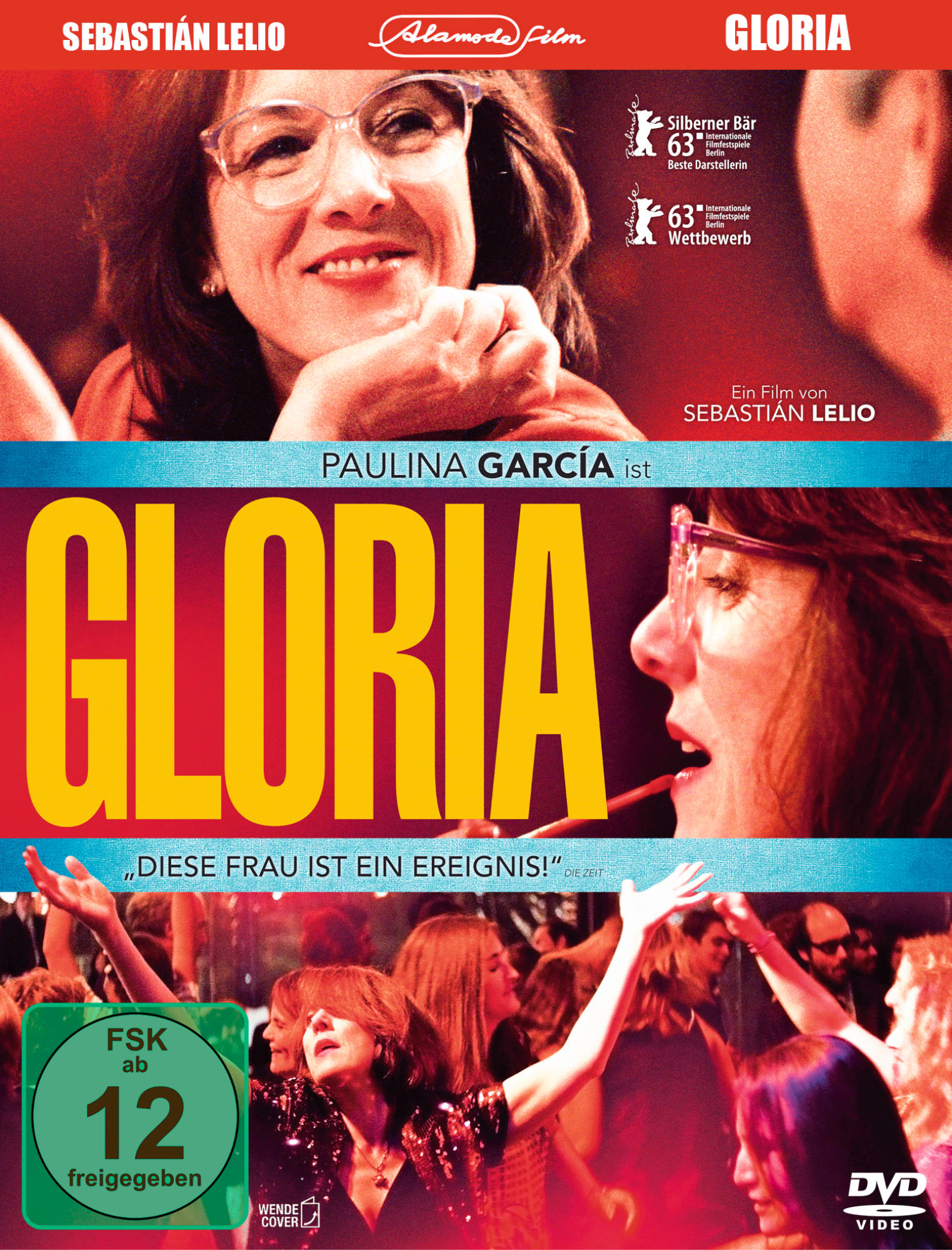 Filmposter für 'Gloria' mit einer Frau mit Brille und einer Menschenmenge im Hintergrund.