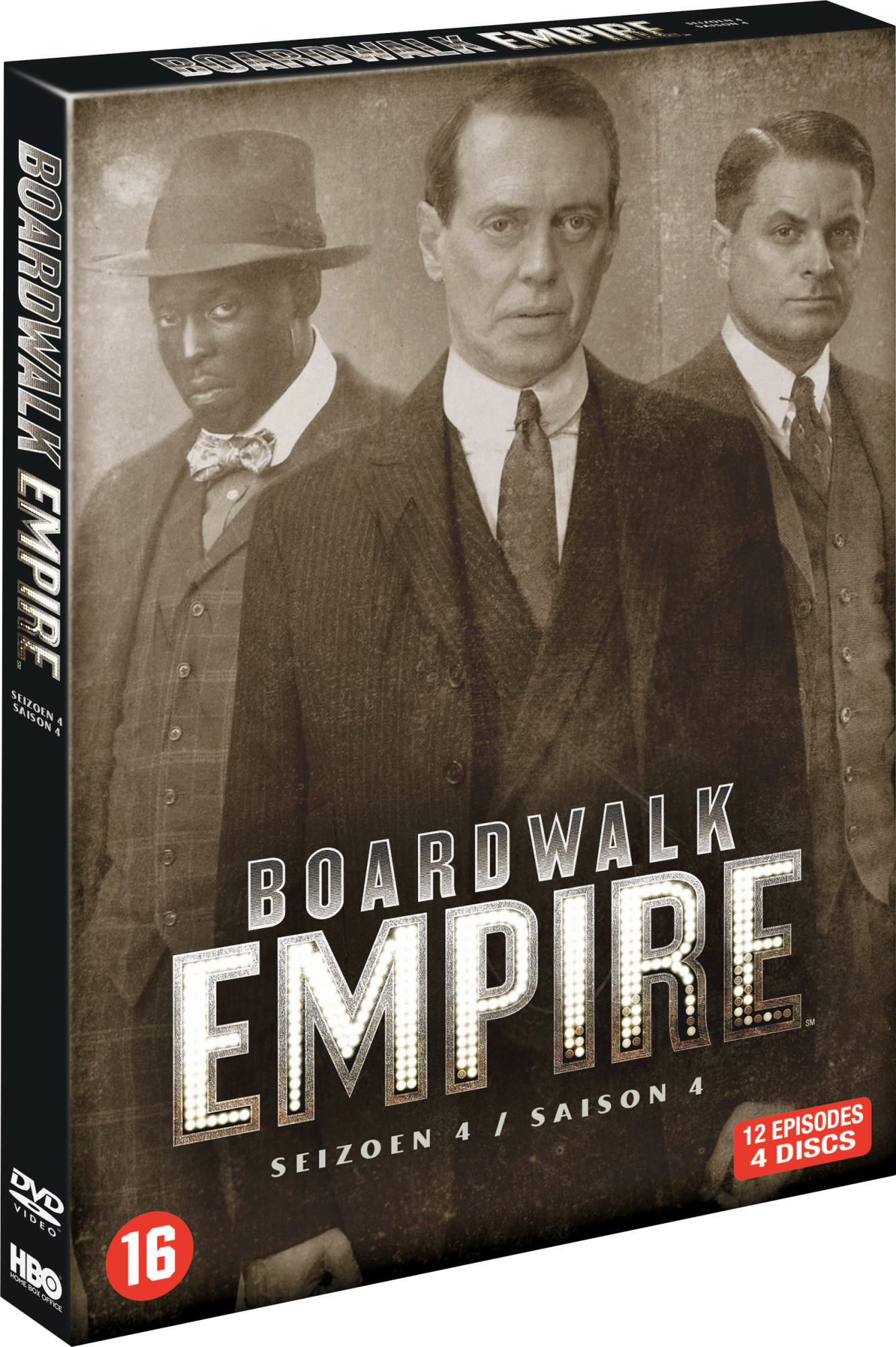 Couverture DVD de Boardwalk Empire avec trois hommes en costume et texte 'Saison 4'.