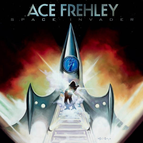 Albumcover. Raketenschiff über Feuer, mit einer Mannsilhouette und dem Titel 'Space Invader'.