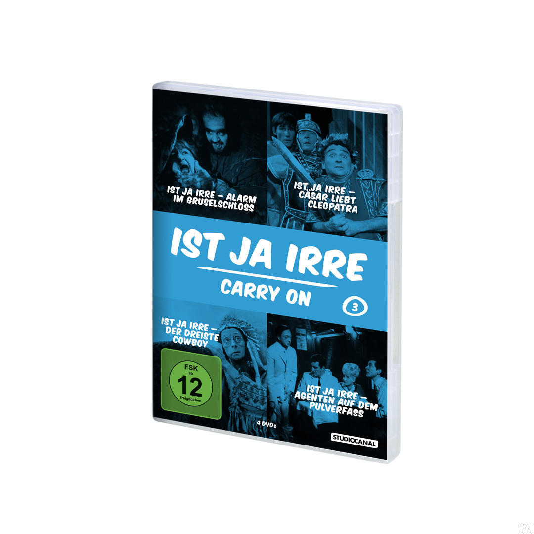 DVD-Cover mit Bildern von Menschen in verschiedenen Szenen. Text lautet 'Ist Ja Irre Carry On 3'.