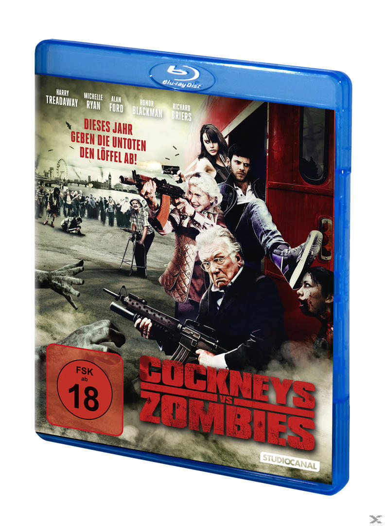 Blu-ray-Disc-Hülle für 'Cockneys vs Zombies'. Mit Schauspielern mit Waffen, Zombies und Zug.