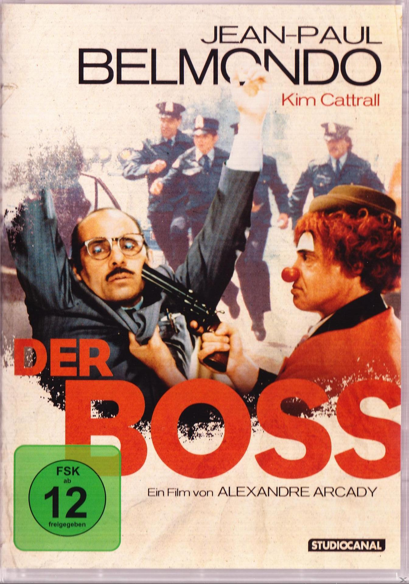Filmplakat für 'Der Boss' mit Jean-Paul Belmondo und einem Clown, ein Mann mit einer Waffe.