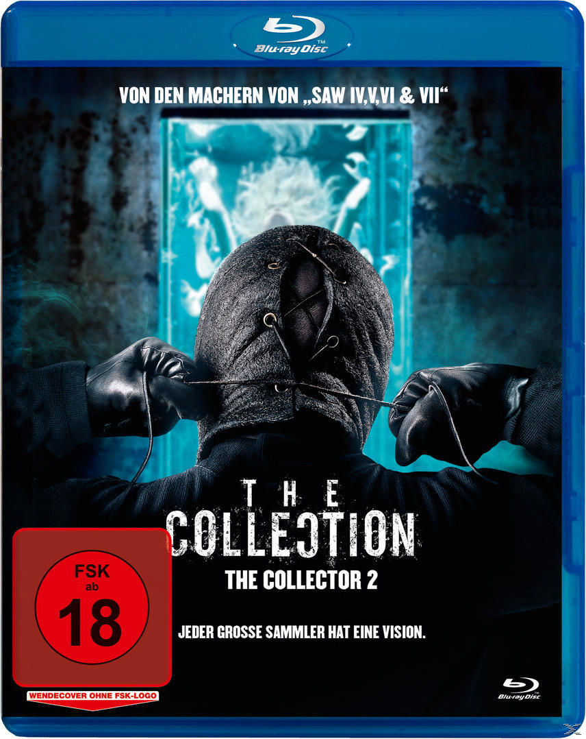 Blu-ray-Filmcover: 'The Collection'. Vermummte Person, Hände gefesselt. Blaue Hülle.