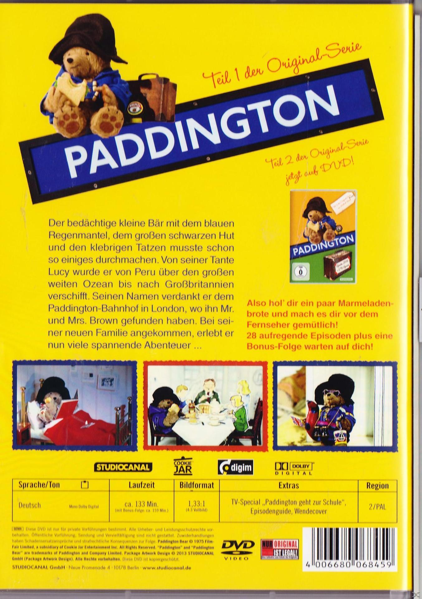Rückseite der DVD 'Paddington'. Zeigt Paddington Bär, Text und andere Bilder. Weißer Hintergrund.