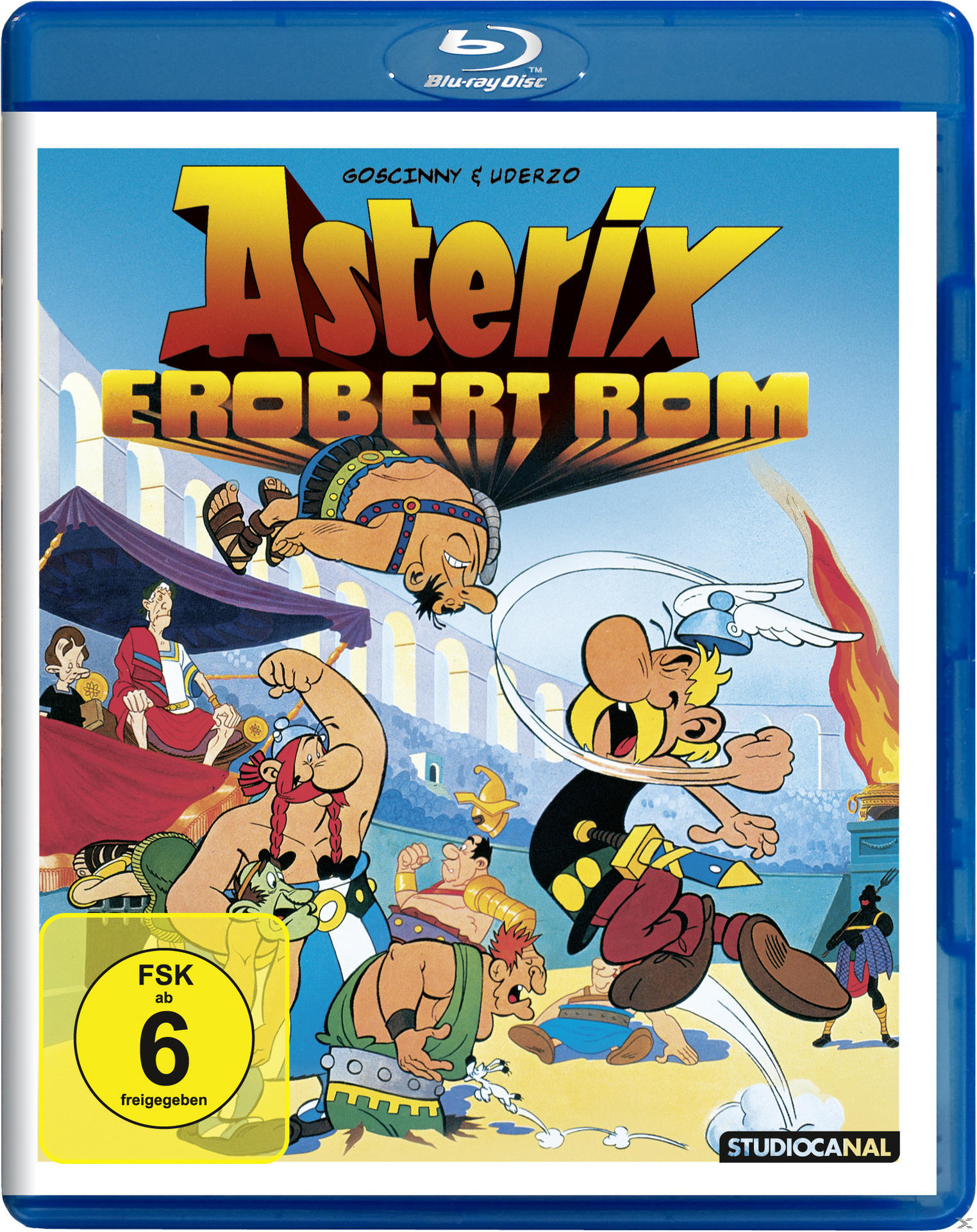 Asterix & Obelix Blu-ray-Cover. Enthält Zeichentrickfiguren in römischer Umgebung. Titel: Asterix Erobert Rom.