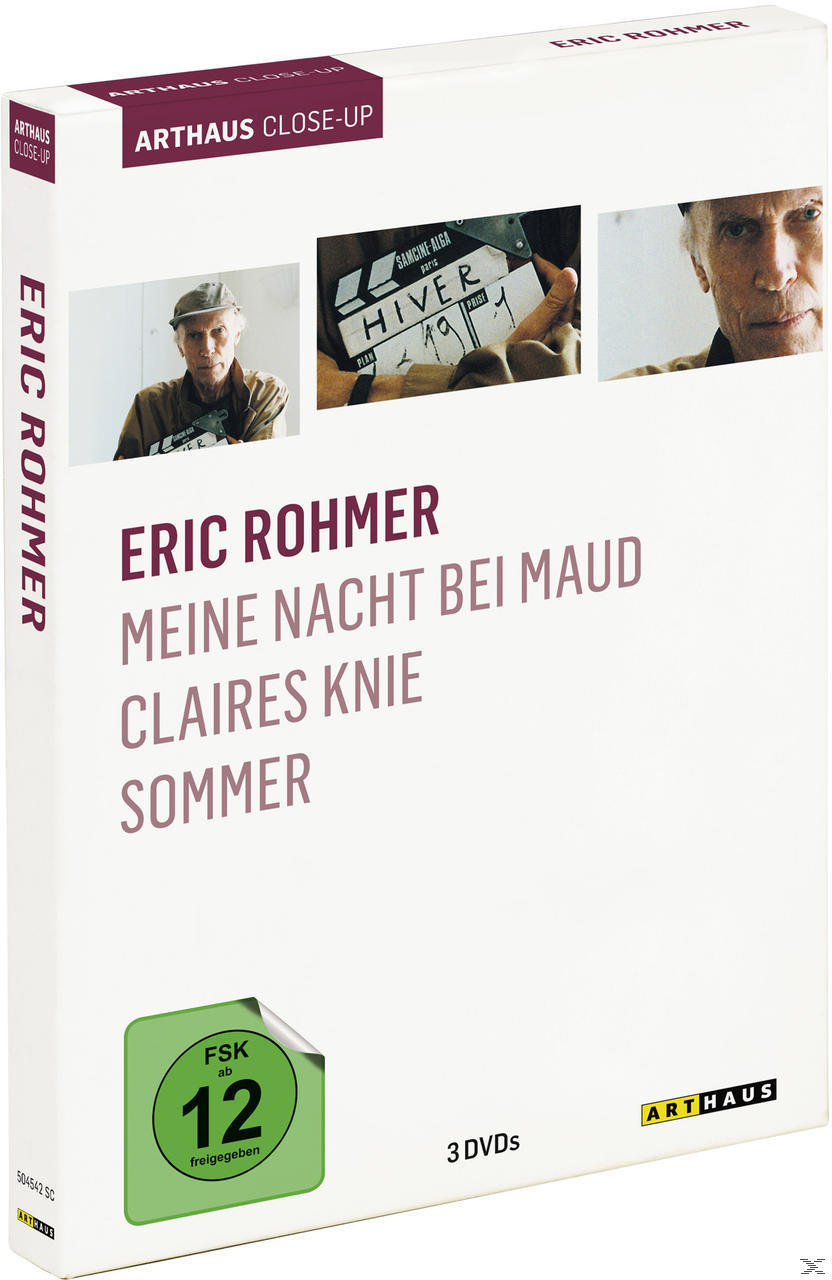 DVD-Cover: 'Eric Rohmer: Meine Nacht bei Maud, Claires Knie, Sommer'. Enthält drei Filmstills.