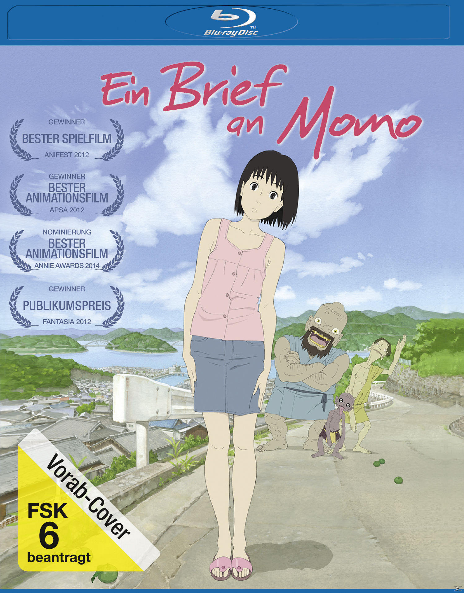 Anime-Filmcover: Mädchen auf einer Straße, Titel 'Ein Brief an Momo'. Gebäude, Himmel und Charaktere im Hintergrund.
