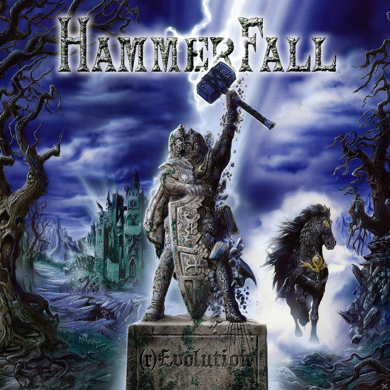 HammerFall-Albumcover: Ritter mit Hammer, Pferd, stürmischer Himmel.