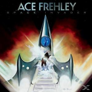 Albumcover: Ace Frehley, Space Invader, Raketenschiff, auf rotem und schwarzem Hintergrund.