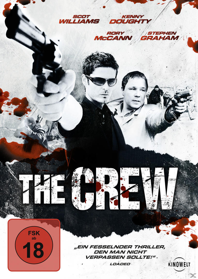 DVD-Cover für den Film 'The Crew', mit zwei Männern, die Waffen zeigen, mit Blutspritzern und Text.