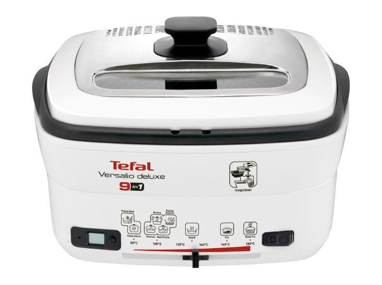 Fehér Tefal Versalio Deluxe olajsütő különböző főzési funkció ikonokkal és vezérlőpanellel.