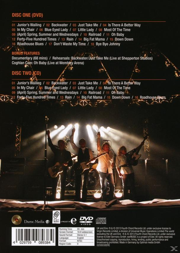 DVD-Hülle Rückseite mit Bandmitgliedern auf einer Bühne, Titelliste und Credits.