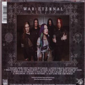 Rückseite eines War Eternal Albums. Bandmitglieder sind abgebildet. Text und Bandlogo. Dunkler Hintergrund.