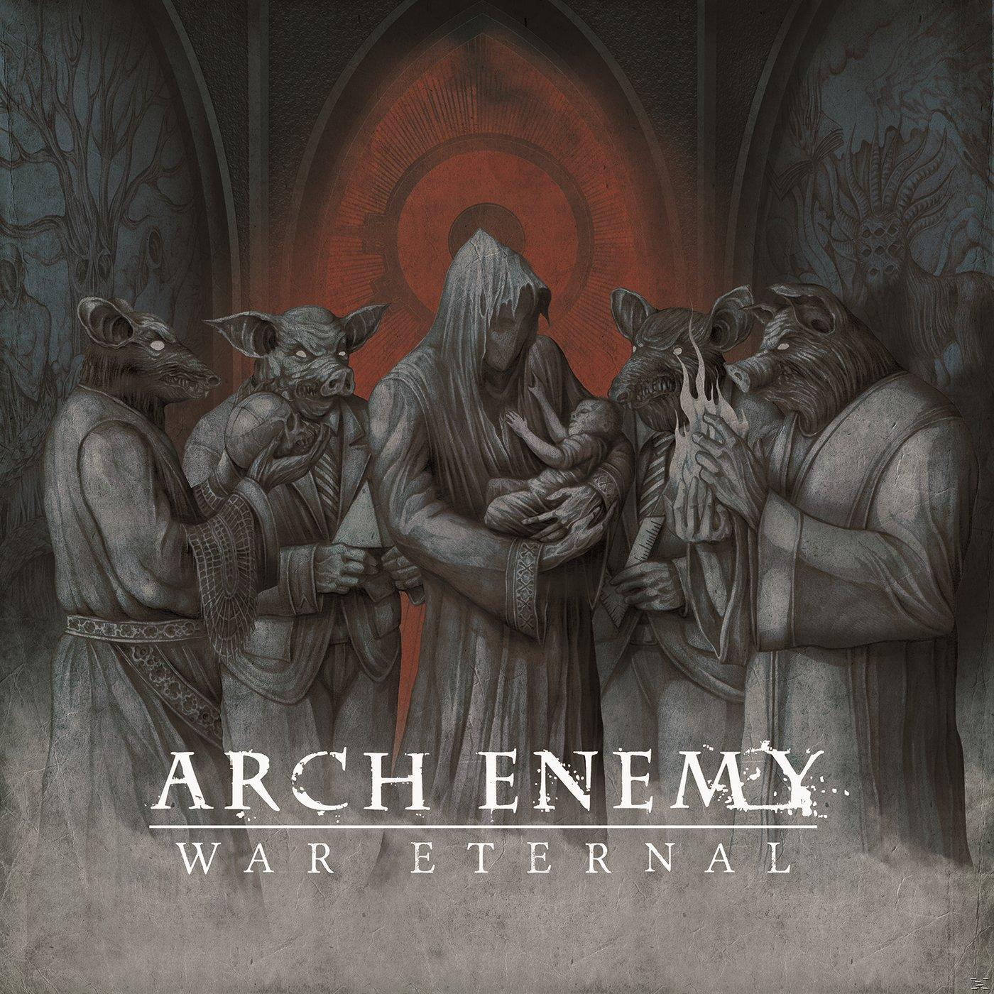 Albumcover für Arch Enemy: War Eternal. Enthält Figuren mit Tierköpfen. Ein Baby wird gehalten.