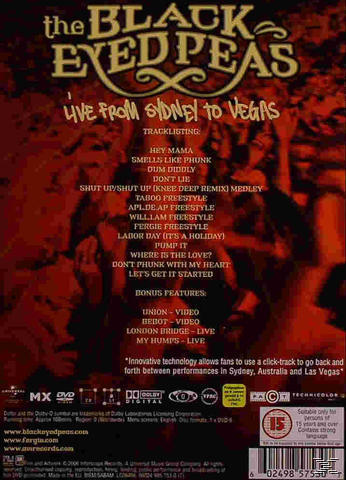 Egy DVD tok hátulja, The Black Eyed Peas. Dallista, képekkel a színpadon lévő emberekről.