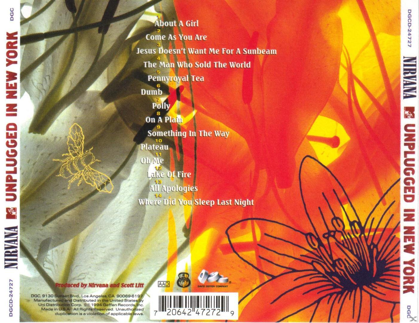 Pochette d'album de Nirvana. Un motif floral avec une liste de chansons. Texte : 'Unplugged in New York'.