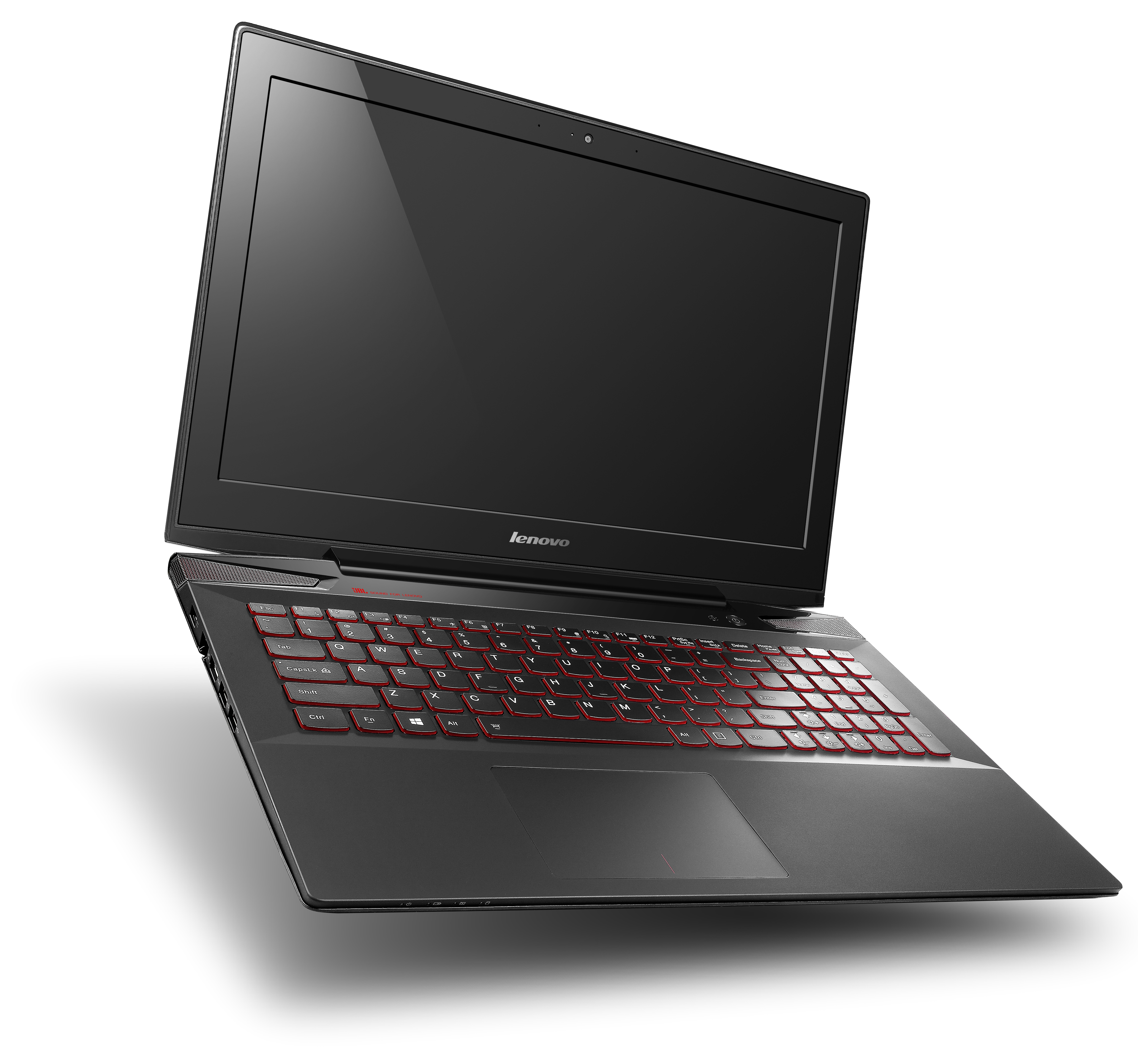 Schwarzer Lenovo-Laptop. Geöffnet, mit roter Hintergrundbeleuchtung der Tastatur. Schwarzer Bildschirm.