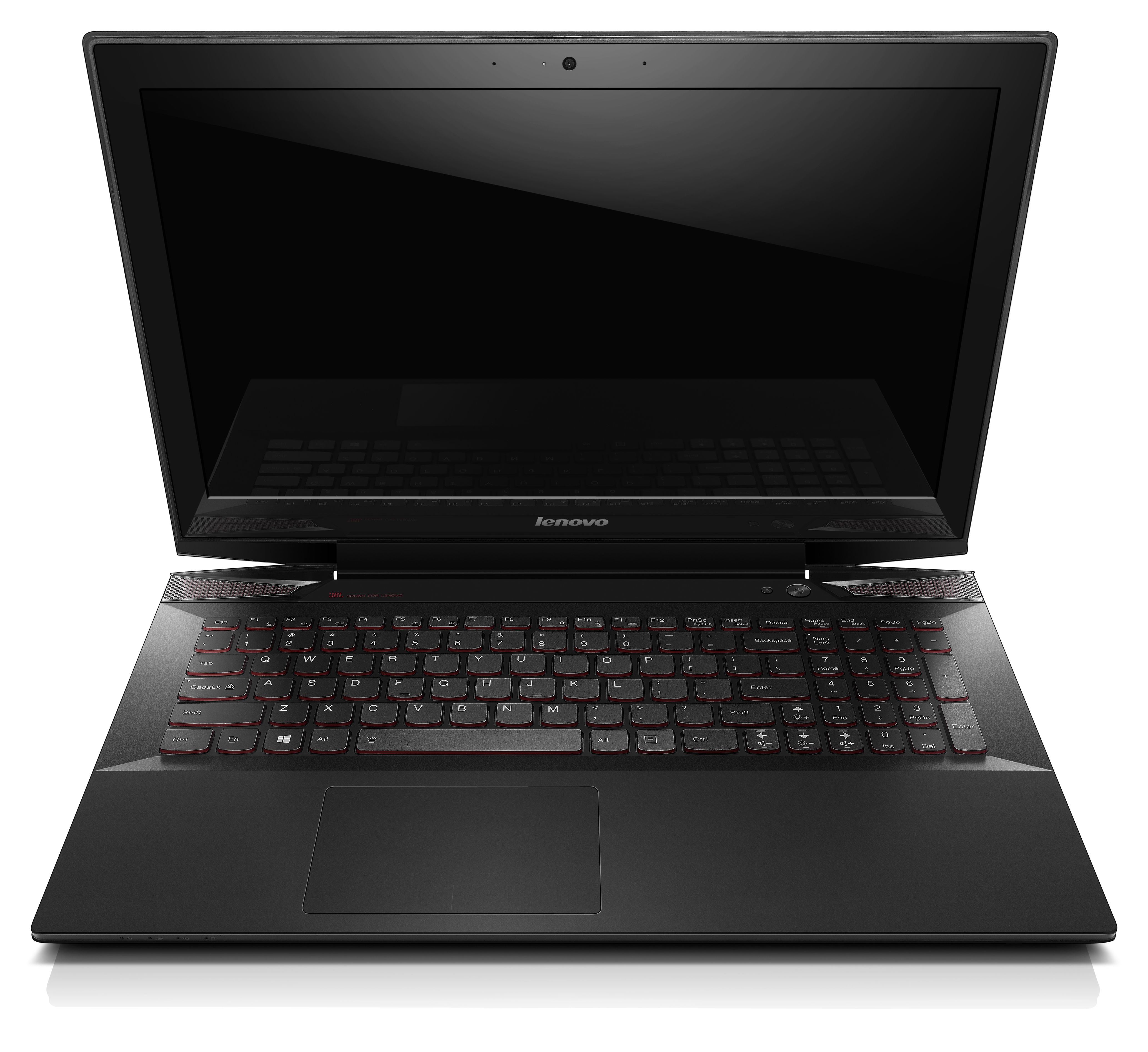 Schwarzer Lenovo Laptop geöffnet. Die Tastatur ist sichtbar, mit roten Tastenmarkierungen. Schwarzer Bildschirm.