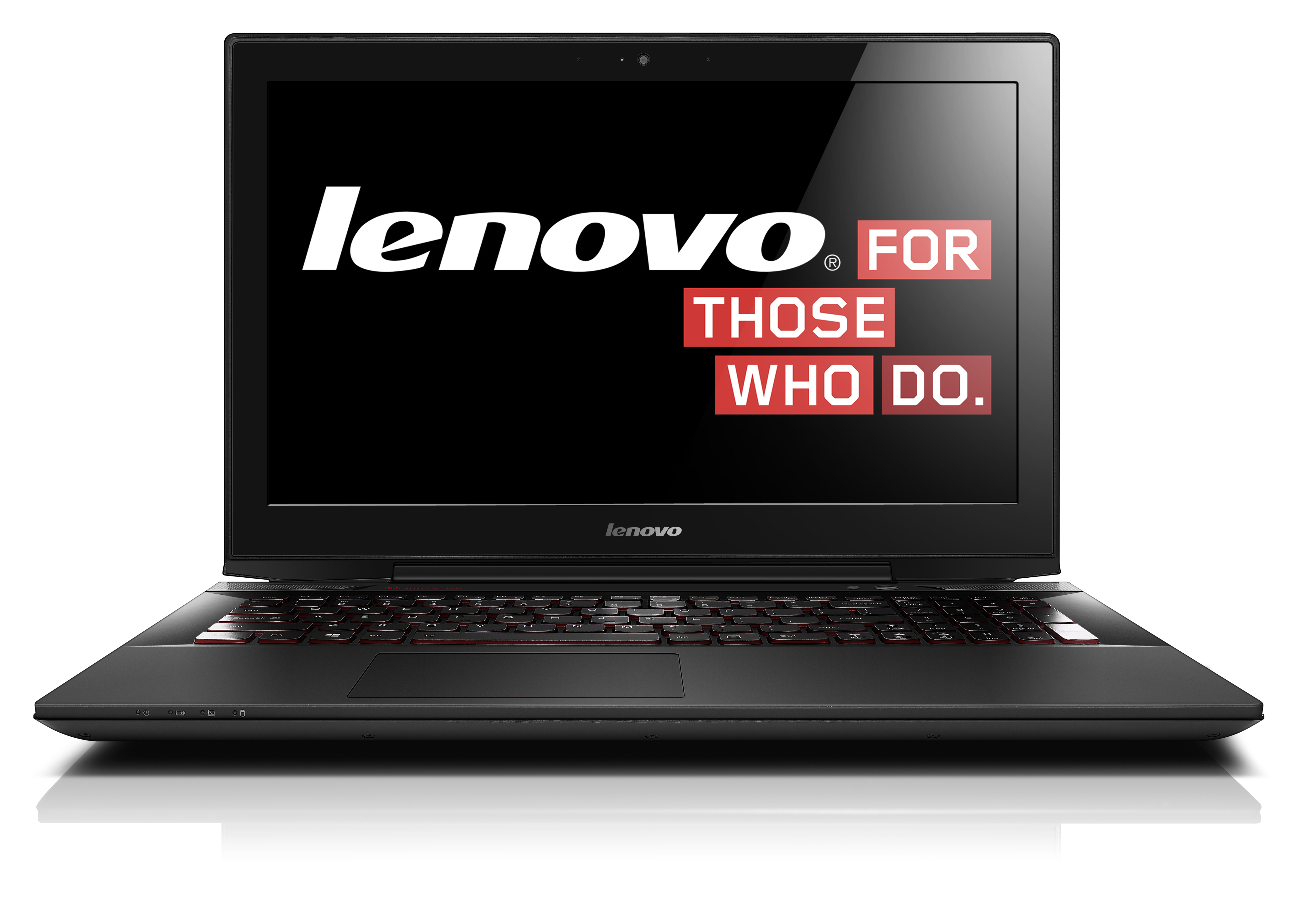 Schwarzer Lenovo-Laptop mit Lenovo-Logo und Text. Rote Akzente auf der Tastatur.