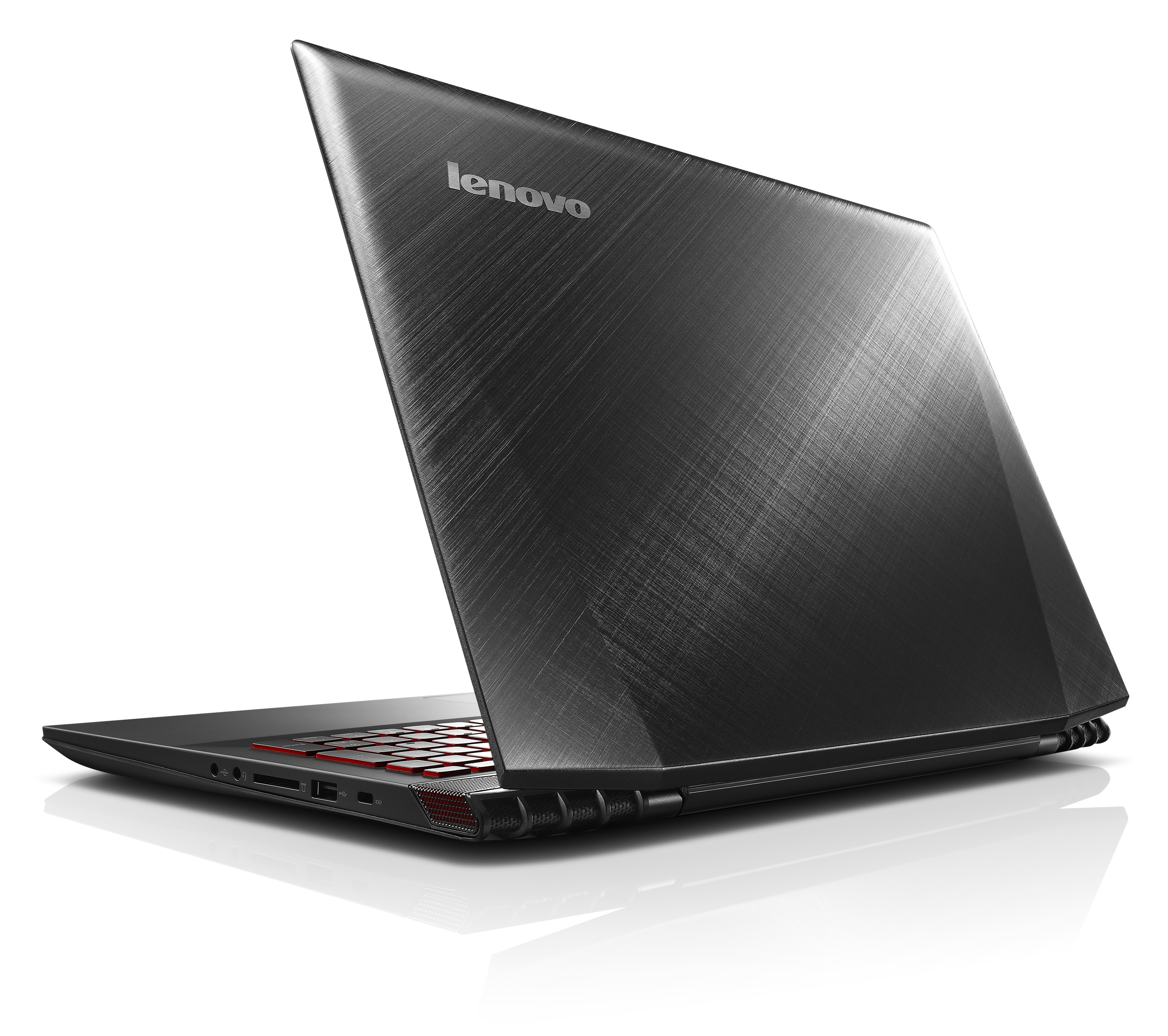 Schwarzer Lenovo-Laptop, Rückansicht, auf weißem Hintergrund.