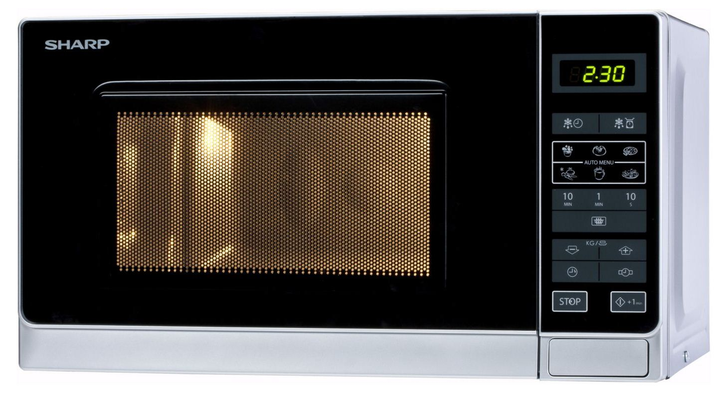 Een zwarte Sharp magnetron met een digitaal display dat 2:30 weergeeft.