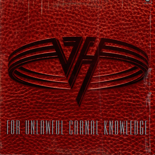 A Van Halen 'For Unlawful Carnal Knowledge' című albumának borítója piros bőr textúrájú háttérrel.