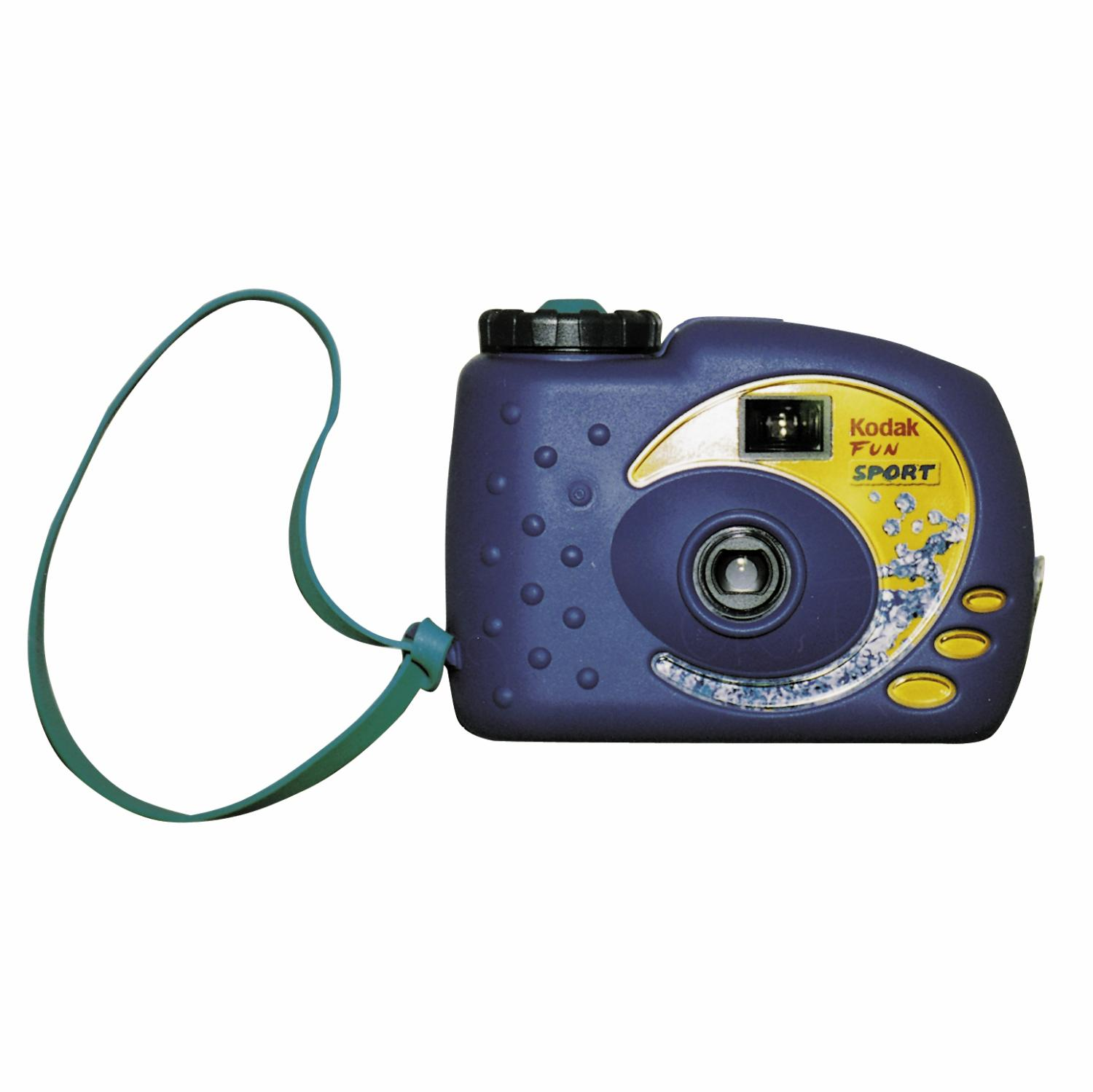 Un appareil photo bleu Kodak Fun Sport avec une sangle verte. Des accents jaunes à l'avant.