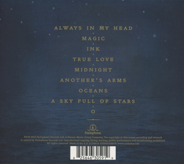 Dos d'un album de Coldplay. Le texte répertorie les chansons et les crédits sur un fond étoilé bleu foncé.