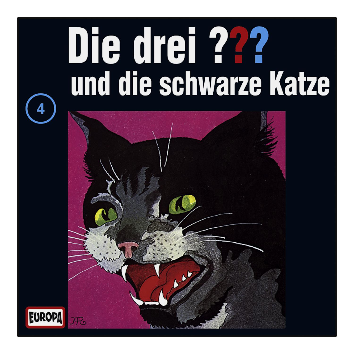 Cover: Eine schwarze Katze mit offenem Mund und der Titel 'Die drei ??? und die schwarze Katze'.
