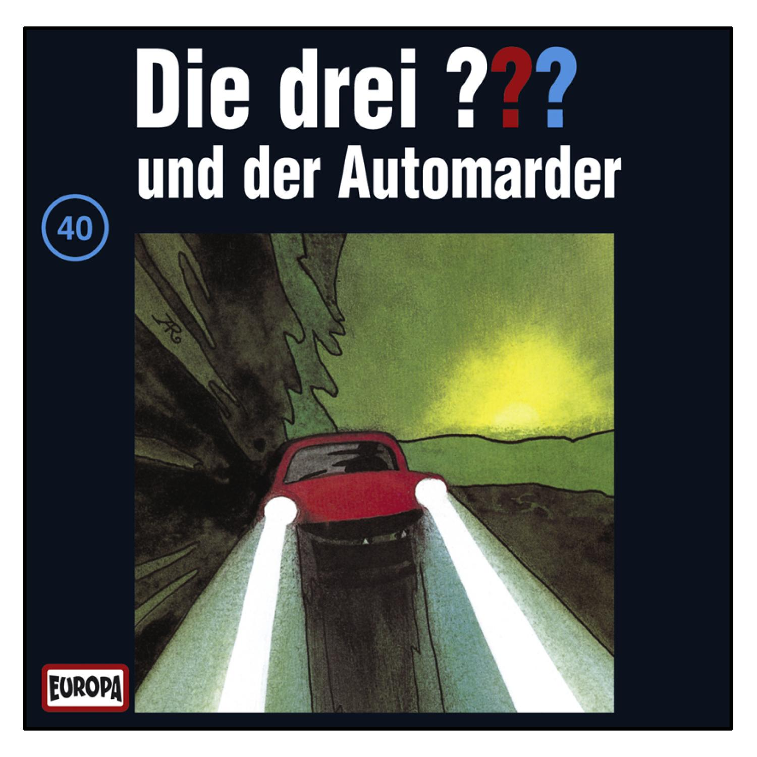 Die drei ??? Buchcover: Rote Autoscheinwerfer in der Nacht mit grünem Hintergrund und Titel oben.
