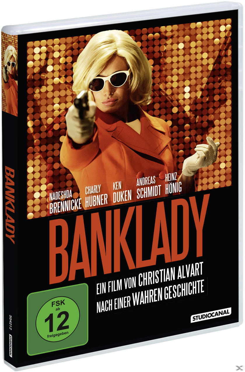 DVD-Cover. Frau im orangefarbenen Mantel zielt mit einer Pistole. Filmtitel: BANKLADY.