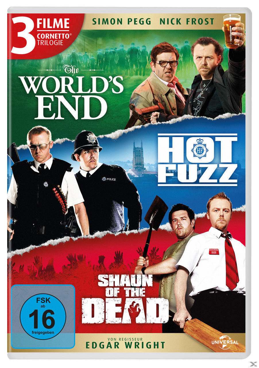 DVD-Cover mit drei Filmplakaten. Enthält Männer mit Waffen und Bier, Titel The World's End.