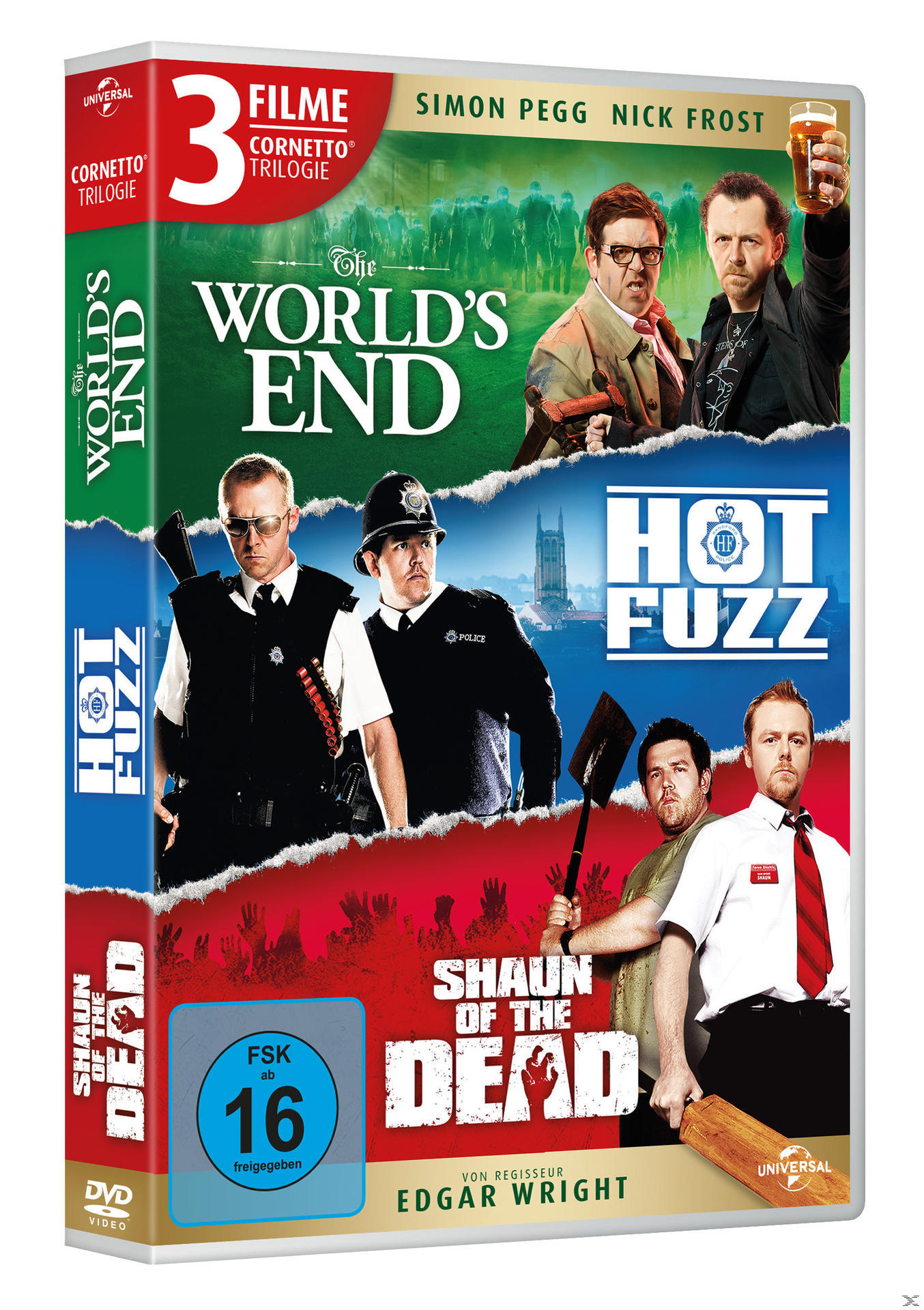 DVD-Cover mit drei Filmen: The World's End, Hot Fuzz und Shaun of the Dead, mit Schauspielern.
