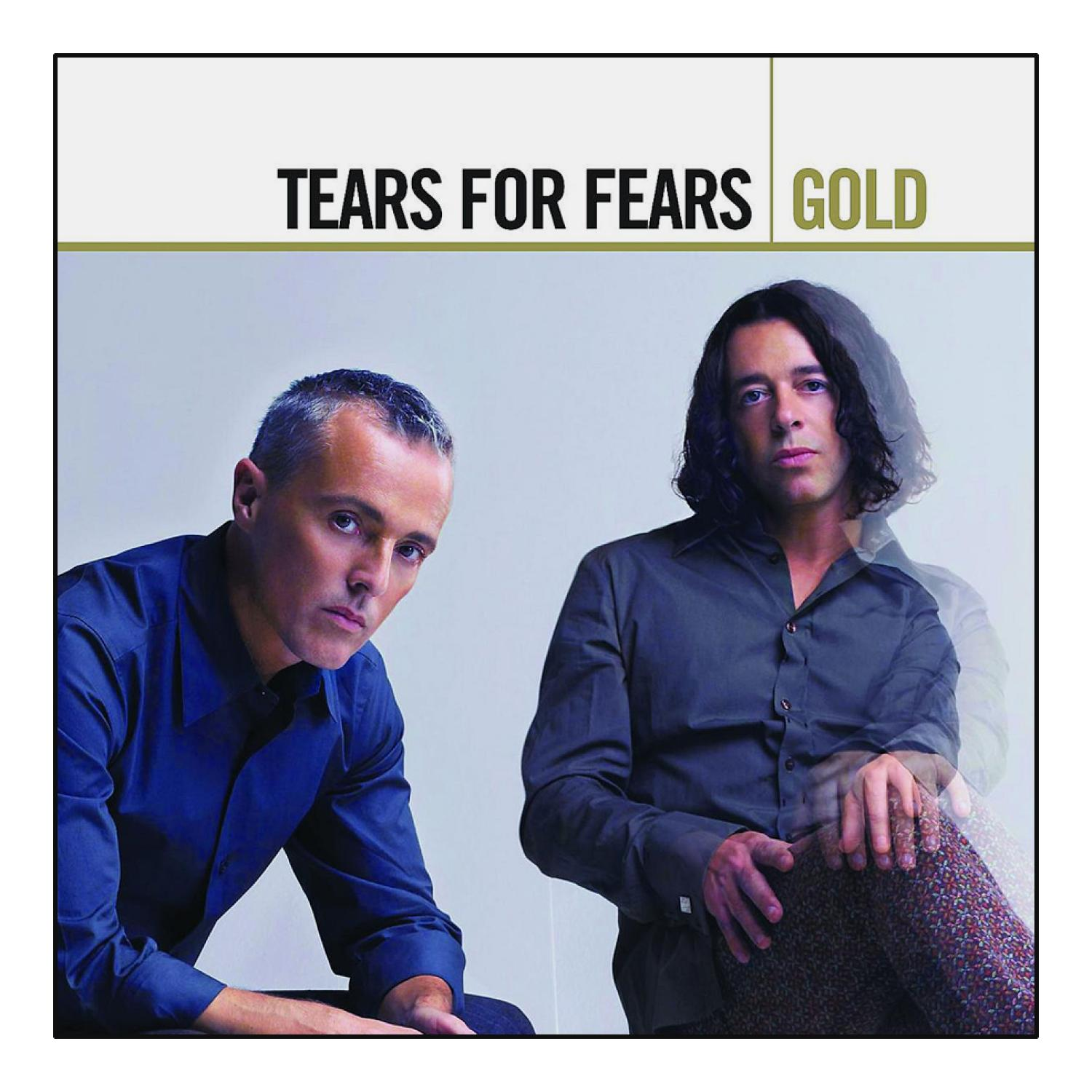 Albumcover mit zwei Männern; einer in einem blauen Hemd, der andere in einem dunklen Hemd, mit 'Tears for Fears' und 'Gold' oben.