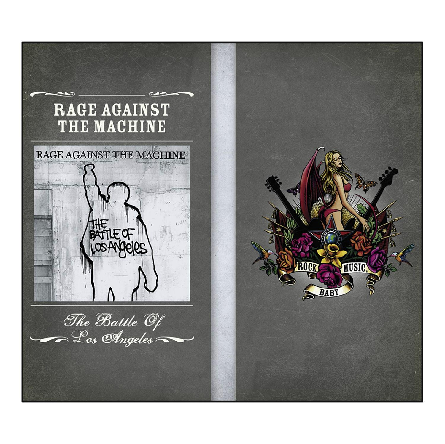 Albumhoes, twee panelen. Eén met een tekening en de andere met een vrouw. Titel: 'The Battle Of Los Angeles'.