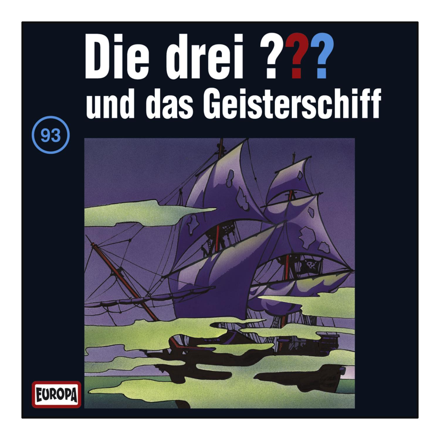 Buchcover. Cartoonbild eines Schiffes, mit drei Fragezeichen und dem Titel 'Die drei ???'.
