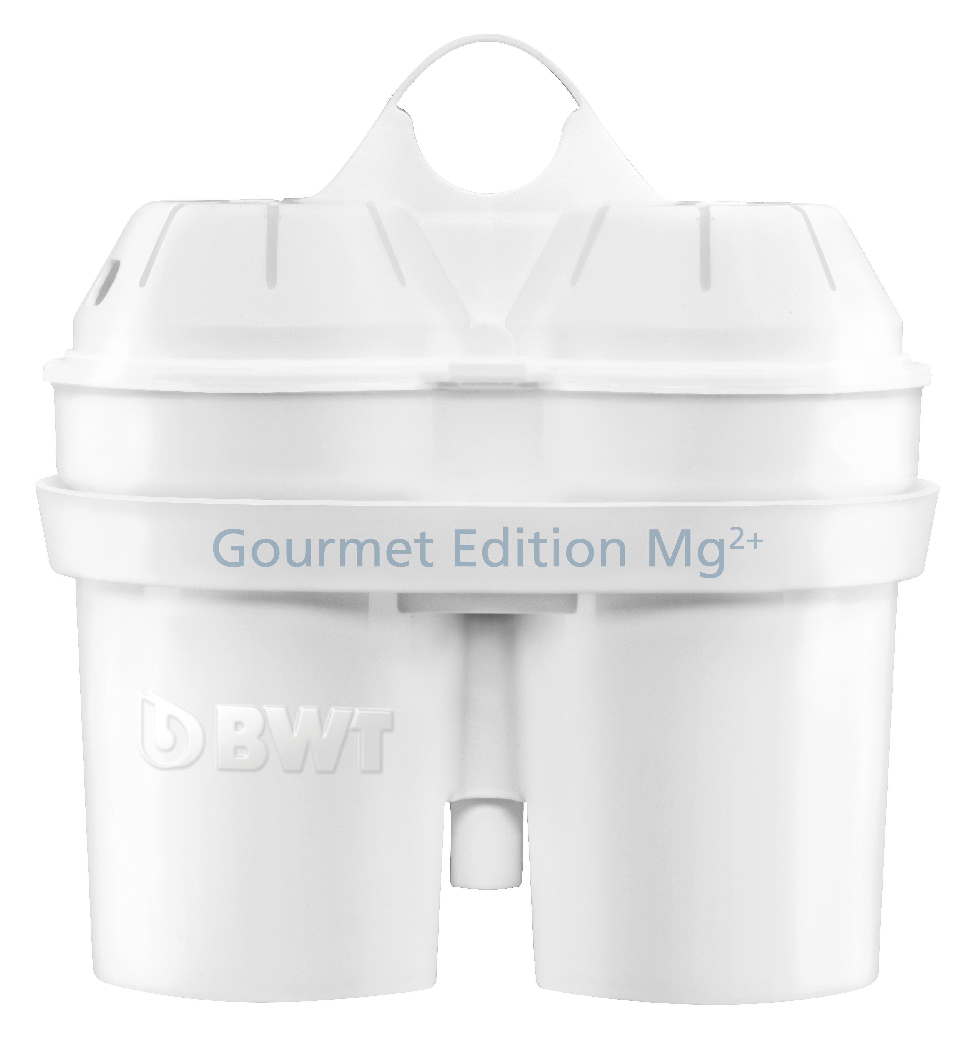 Weißer BWT-Wasserfilter mit der Aufschrift „Gourmet Edition Mg2+“. Es ist ein Doppelkammerfilter.