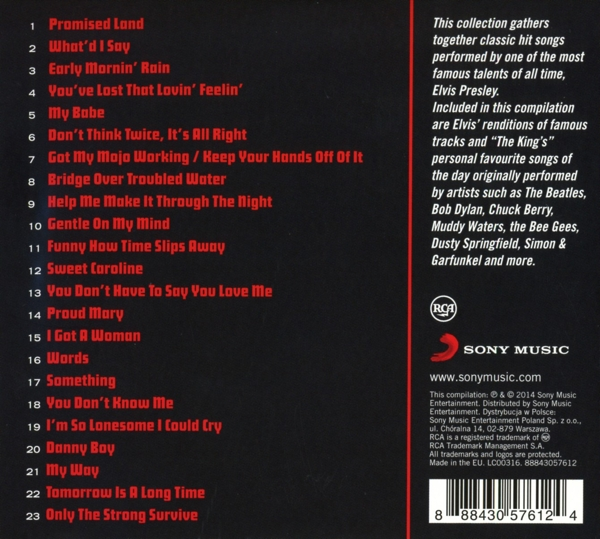 Rückseite eines Albumcovers mit Text über Elvis Presley und Titelliste.