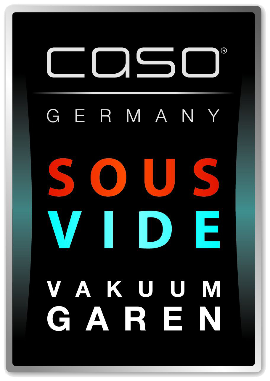 Schwarz-weißes Schild, Text: 'CASO GERMANY' und 'SOUS VIDE VAKUUM GAREN' in Farbe.