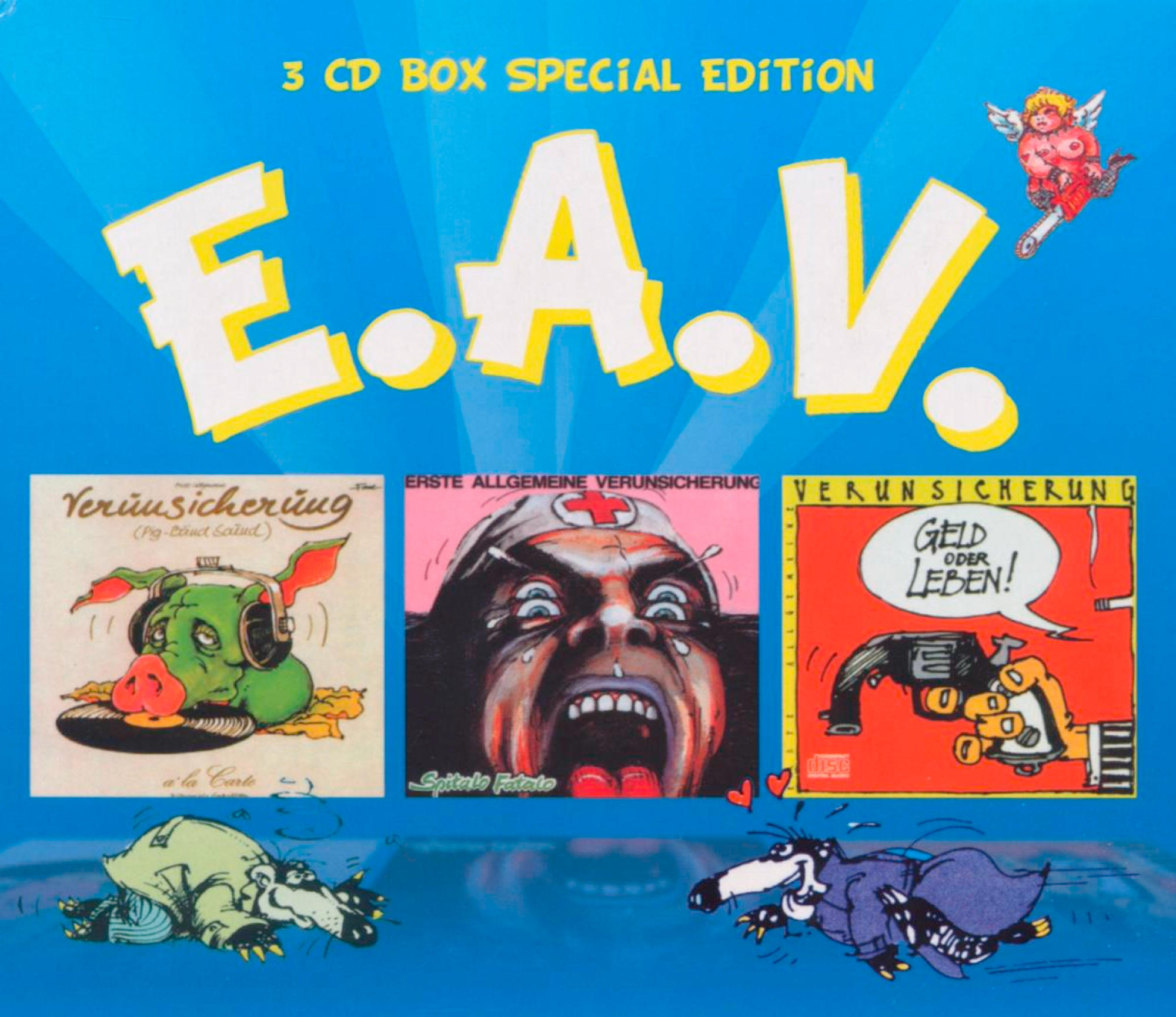 Albumcover mit Cartoon-Kunst eines Schweins, einer Krankenschwester und eines Detektivs.