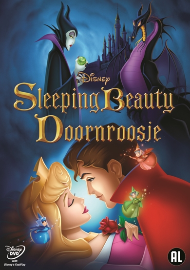 Slaapster poster. Aurora en Prins Phillip, Maleficent en een draak op de achtergrond.