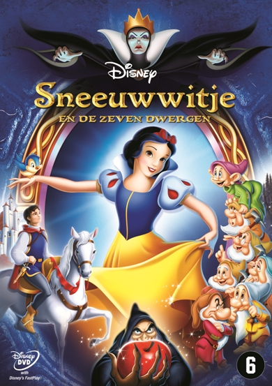 Snow White DVD cover: Snow White, Prince, dwarfs, Evil Queen, Disney logo, dark blue background.