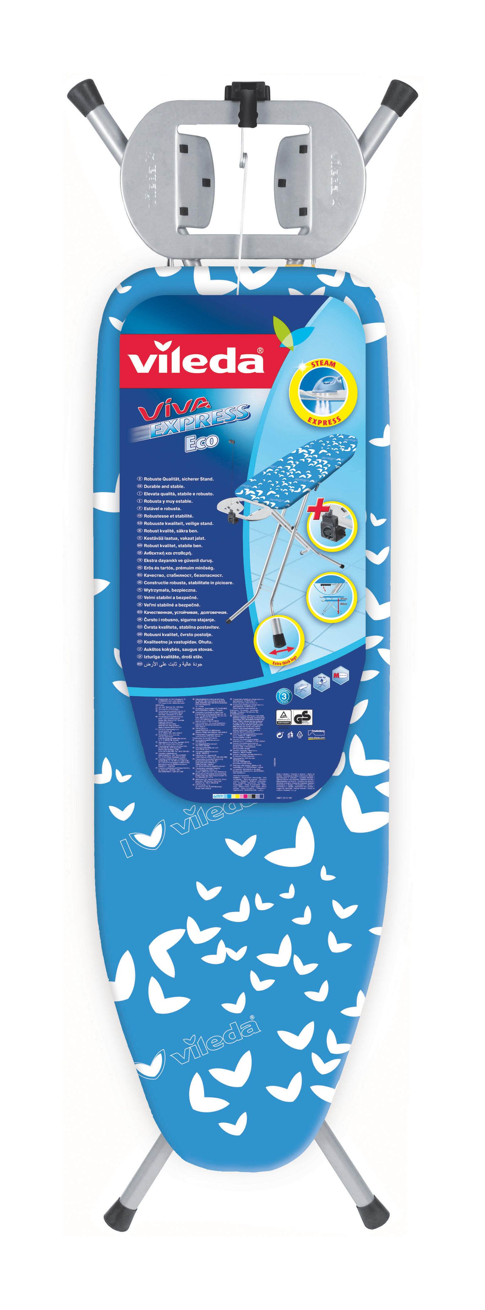 Vileda Bügelbrett, blau mit weißem Schmetterlingsdesign, mit Produktdetails.